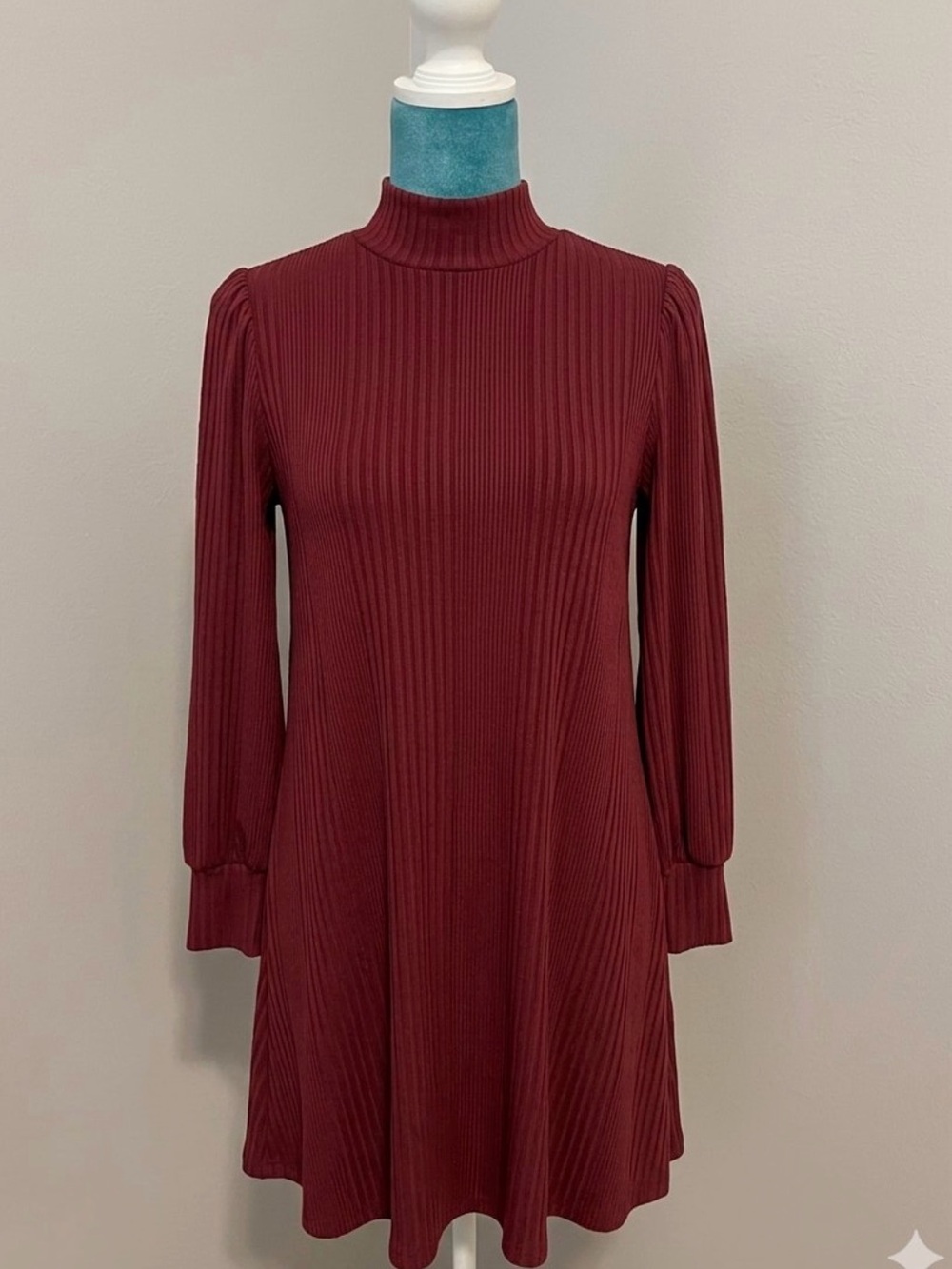 Mock-Neck Long-Sleeve Swing Dress in Burgundy